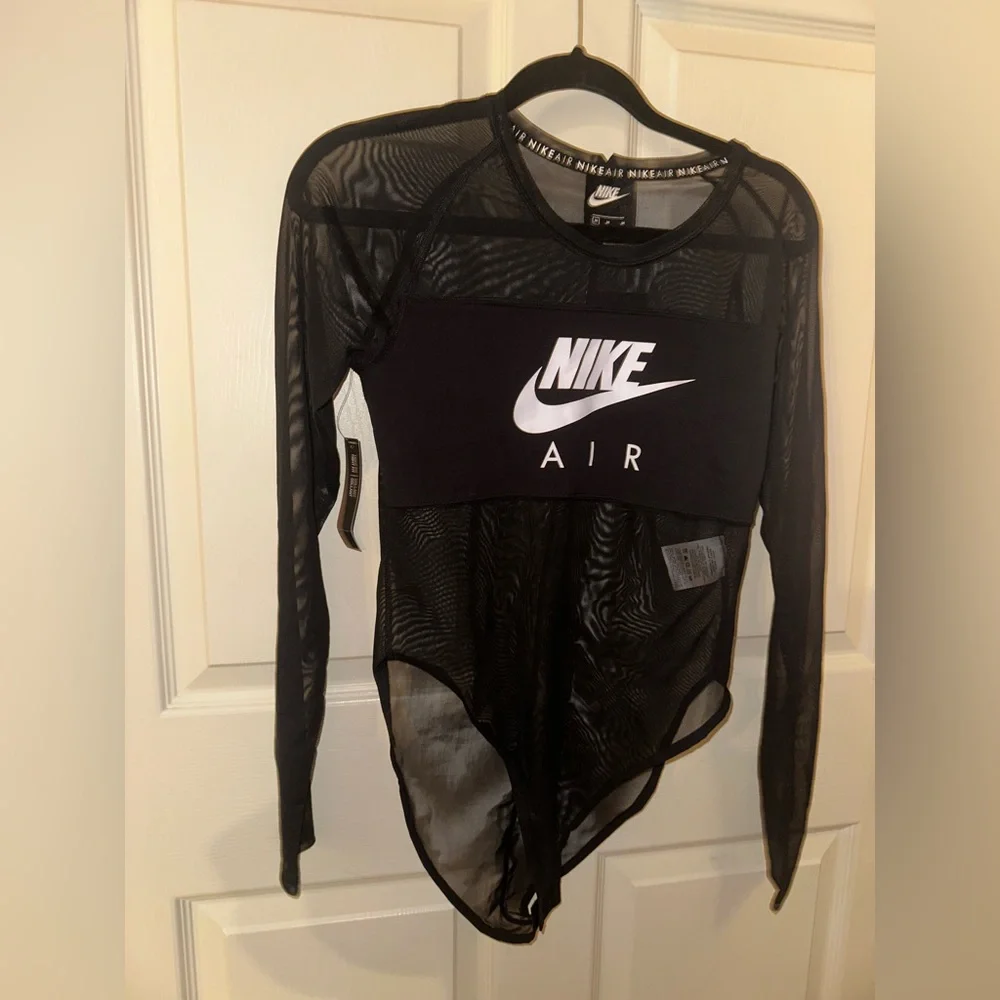 NWT Nike Women's Black Logo front Mesh long sleeve bodysuit streetwear M sporty - Picture 1 of 11
